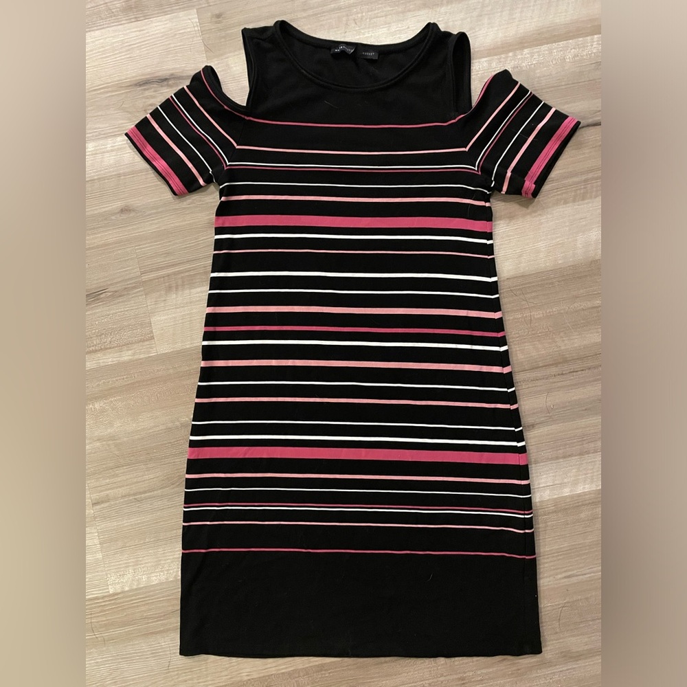 WHBM Rayon Shoulder Cut Out Short Sleeve Knee Length Dress Pink White Stripes